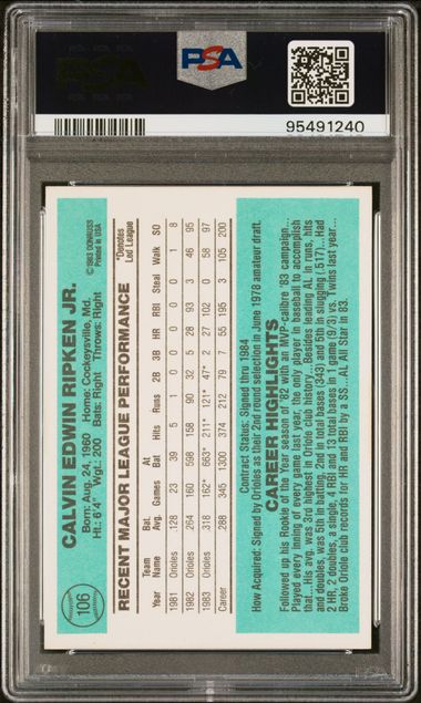 Graded 1984 Donruss Cal Ripken Jr. #106 Baseball Card PSA 8 NM-MT