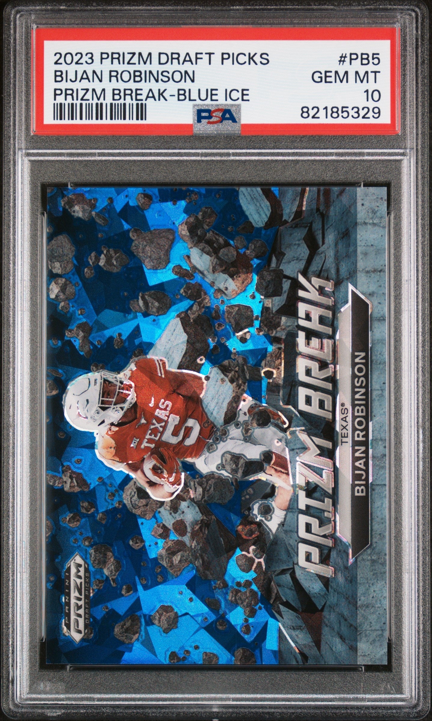 Graded 2023 Panini Prizm Draft Picks Bijan Robinson #PB5 Prizm Break Blue Ice #/99 Rookie RC Football Card PSA 10 Gem Mint