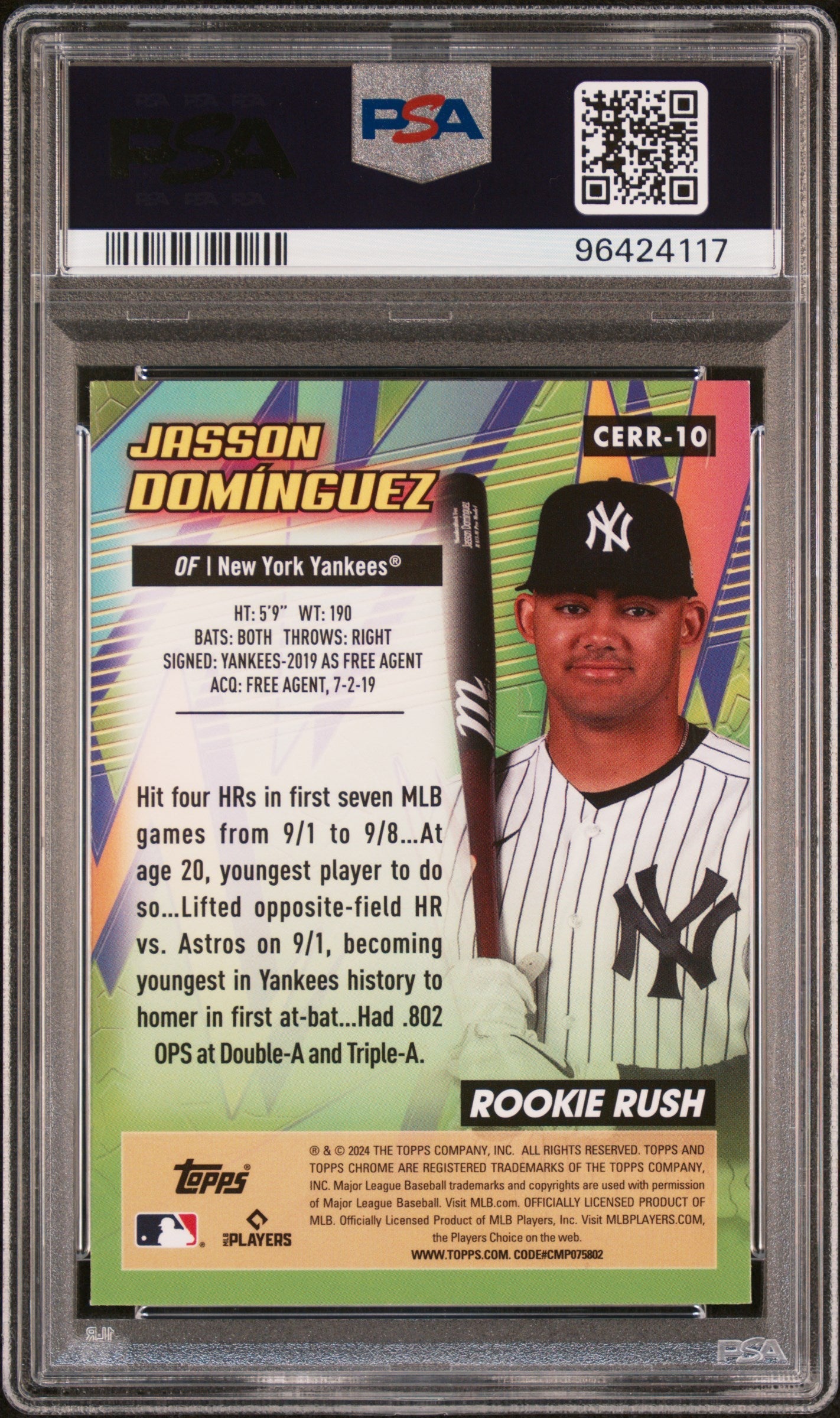 Graded 2024 Topps Chrome Jasson Dominguez #10 All Etch Rookie Rush Rookie RC Baseball Card PSA 10 Gem Mint