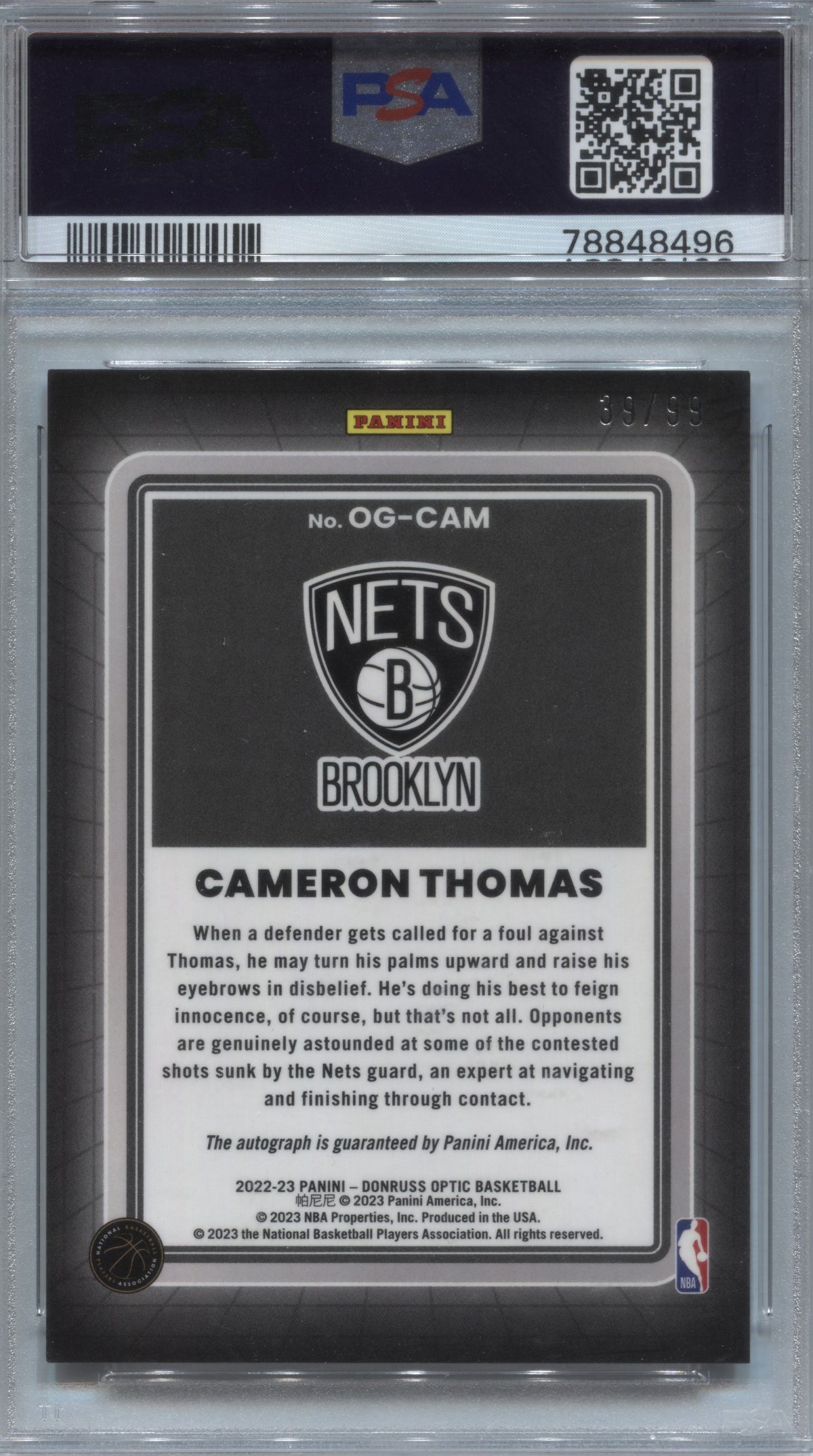 2022-23 Donruss Optic Cameron Thomas Opti-Graphs Auto /99 #OG-CAM PSA 10