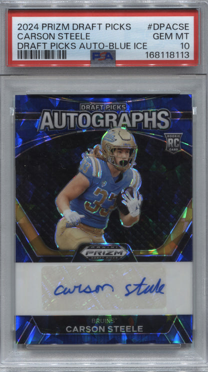 2024 Prizm Draft Picks Carson Steele Blue Ice Rookie Auto /75 PSA 10 UCLA