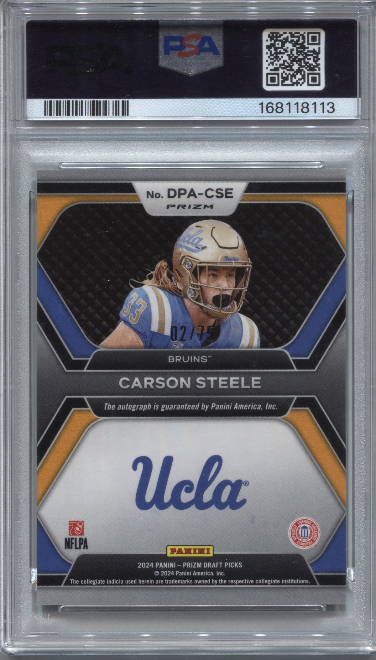 2024 Prizm Draft Picks Carson Steele Blue Ice Rookie Auto /75 PSA 10 UCLA