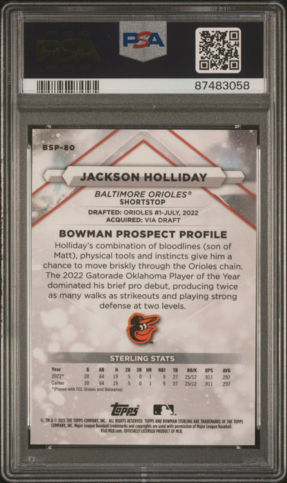 Graded 2023 Topps Bowman Sterling Jackson Holliday #BSP80 Mini Diamond #/150 Rookie RC Baseball Card PSA 10 Gem Mint