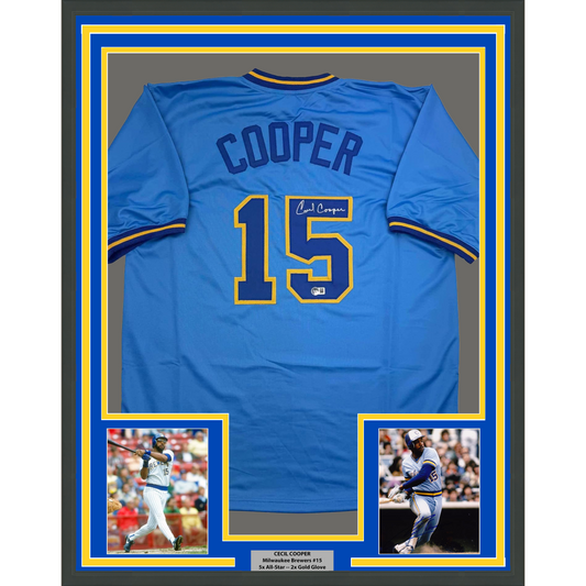 Framed Autographed/Signed Cecil Cooper 35x39 Milwaukee Blue Baseball Jersey Beckett BAS COA