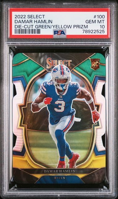 Graded 2022 Panini Select Damar Hamlin #100 Die-Cut Green/Yellow Prizm Rookie RC Football Card PSA 10 Gem Mint