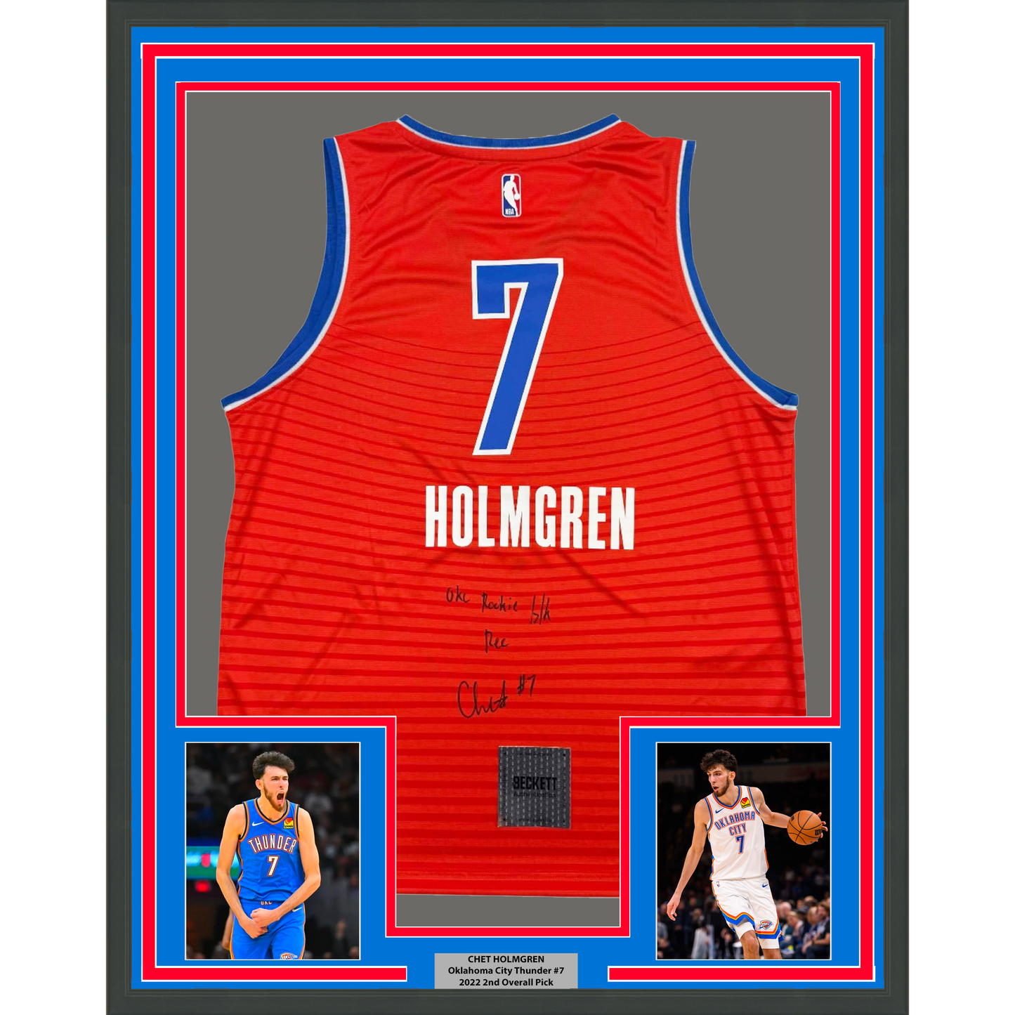 Framed Autographed/Signed Chet Holmgren "OKC Rookie Blk Rec" 35x39 Oklahoma City Thunder Orange Basketball Jersey Beckett BAS COA