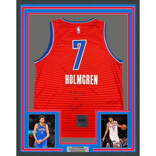Framed Autographed/Signed Chet Holmgren "OKC Rookie Blk Rec" 35x39 Oklahoma City Thunder Orange Basketball Jersey Beckett BAS COA