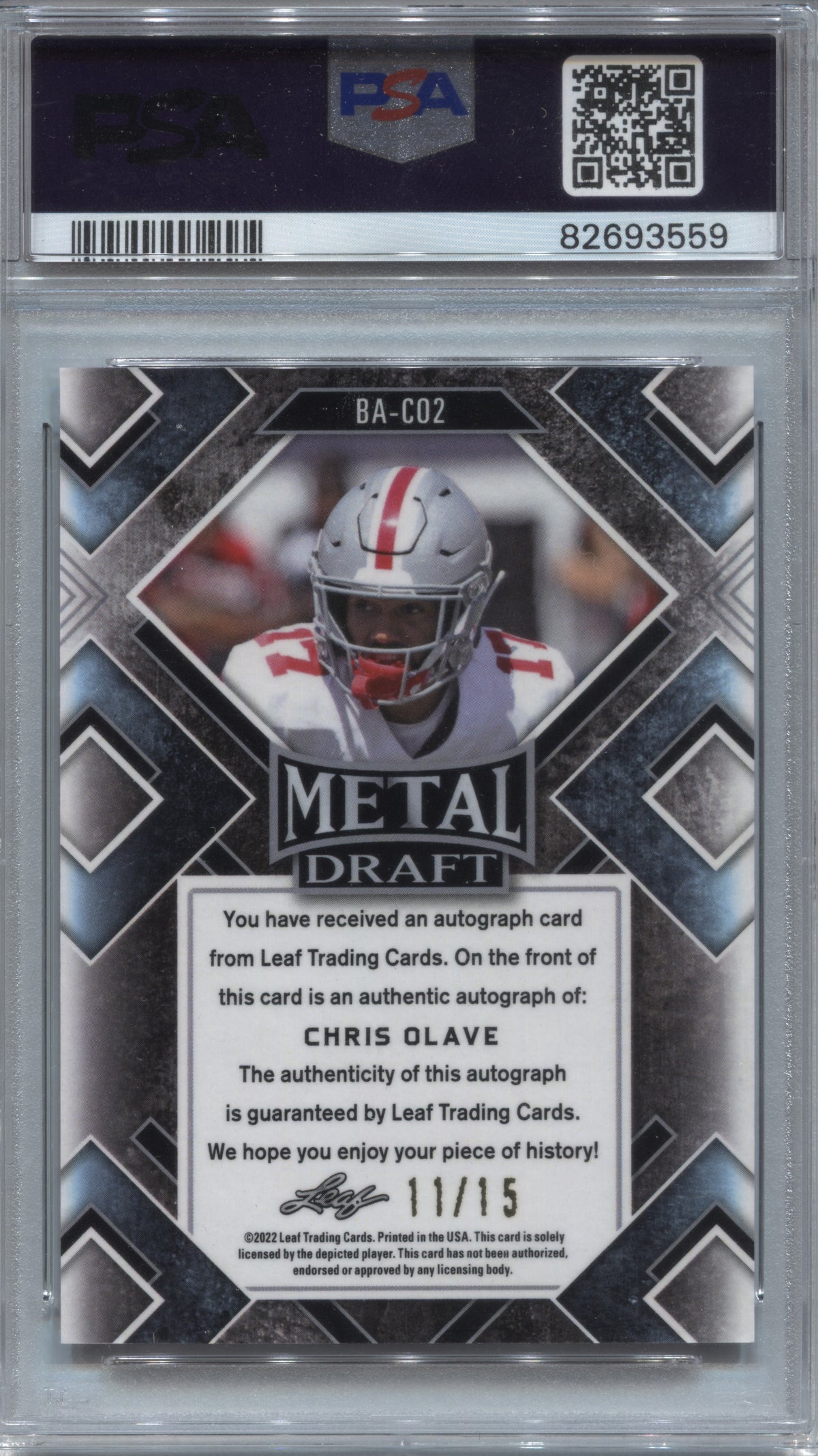 2022 Leaf Metal Draft Chris Olave Pink Wave Rookie Auto /15 #BA-CO2 PSA 10