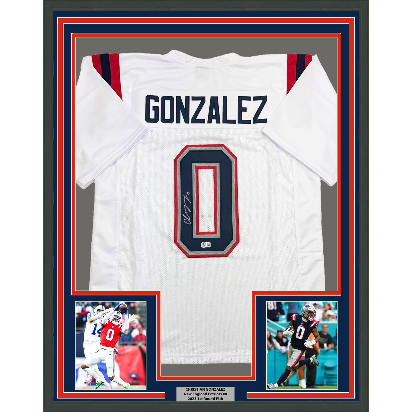 Framed Autographed/Signed Christian Gonzalez 35x39 New England White Football Jersey Beckett BAS COA