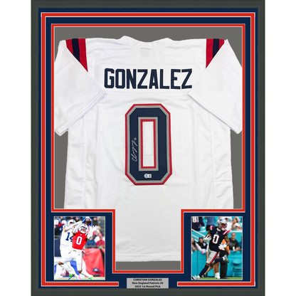 Framed Autographed/Signed Christian Gonzalez 35x39 New England White Football Jersey Beckett BAS COA