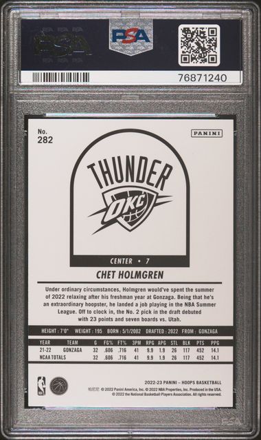 Graded 2022 Panini NBA Hoops Chet Holmgren #282 Winter Rookie RC Basketball Card PSA 10 Gem Mint