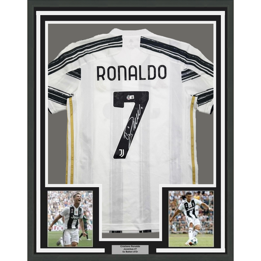 Framed Autographed/Signed Cristiano Ronaldo 35x39 Juventus White Soccer Jersey Beckett BAS COA