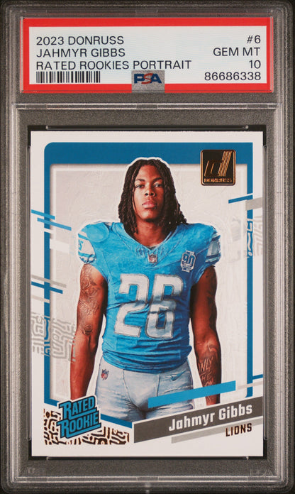 Graded 2023 Panini Donruss Jahmyr Gibbs #6 Rated Rookies Portrait Rookie RC Football Card PSA 10 Gem Mint