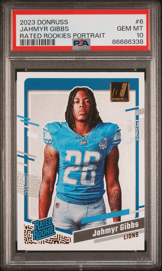 Graded 2023 Panini Donruss Jahmyr Gibbs #6 Rated Rookies Portrait Rookie RC Football Card PSA 10 Gem Mint