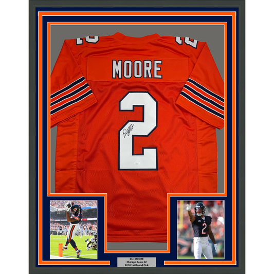 Framed Autographed/Signed D.J. DJ Moore 35x39 Chicago Retro Orange Football Jersey Beckett JSA COA