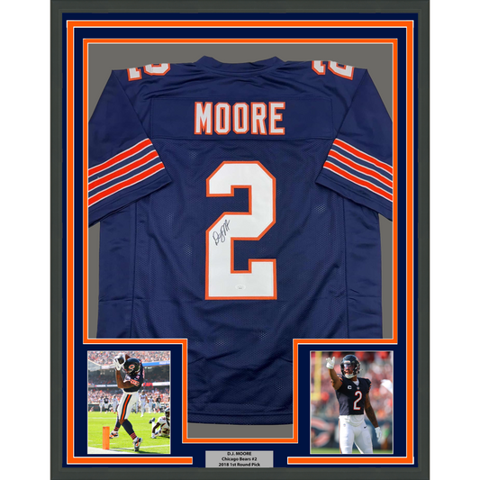Framed Autographed/Signed D.J. DJ Moore 35x39 Chicago Retro Blue Football Jersey Beckett JSA COA
