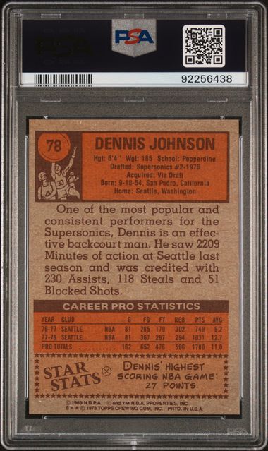 Graded 1978 Topps Dennis Johnson #78 Rookie RC Basketball Card PSA 9 Mint