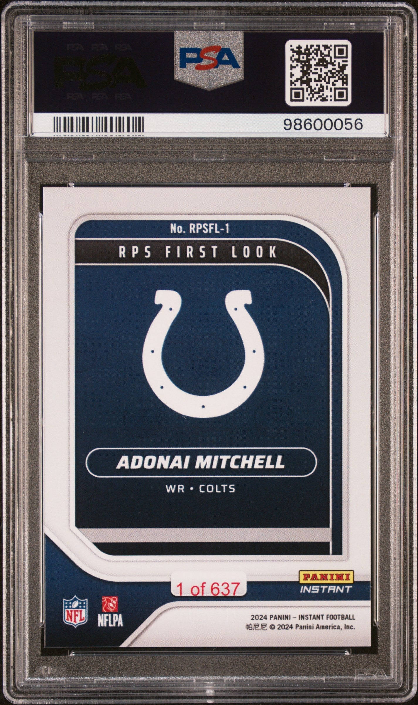 Graded 2024 Panini Instant NFL Adonai Mitchell #RPSFL1 RPS First Look Rookie RC Football Card PSA 9 Mint