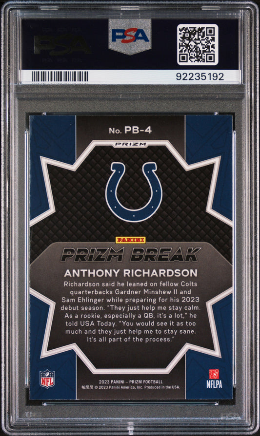 Graded 2023 Panini Prizm Anthony Richardson #PB4 Prizm Break Green Rookie RC Football Card PSA 10 Gem Mint