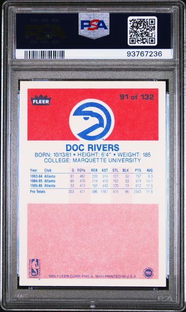 Graded 1986 Fleer Doc Rivers #91 Rookie RC Basketball Card PSA 9 Mint