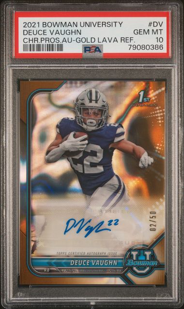 Graded 2021 Bowman University Gold Lava Refractor Deuce Vaughn #DV /50 Auto 1st Bowman Rookie RC Football Card PSA 10 Gem Mint