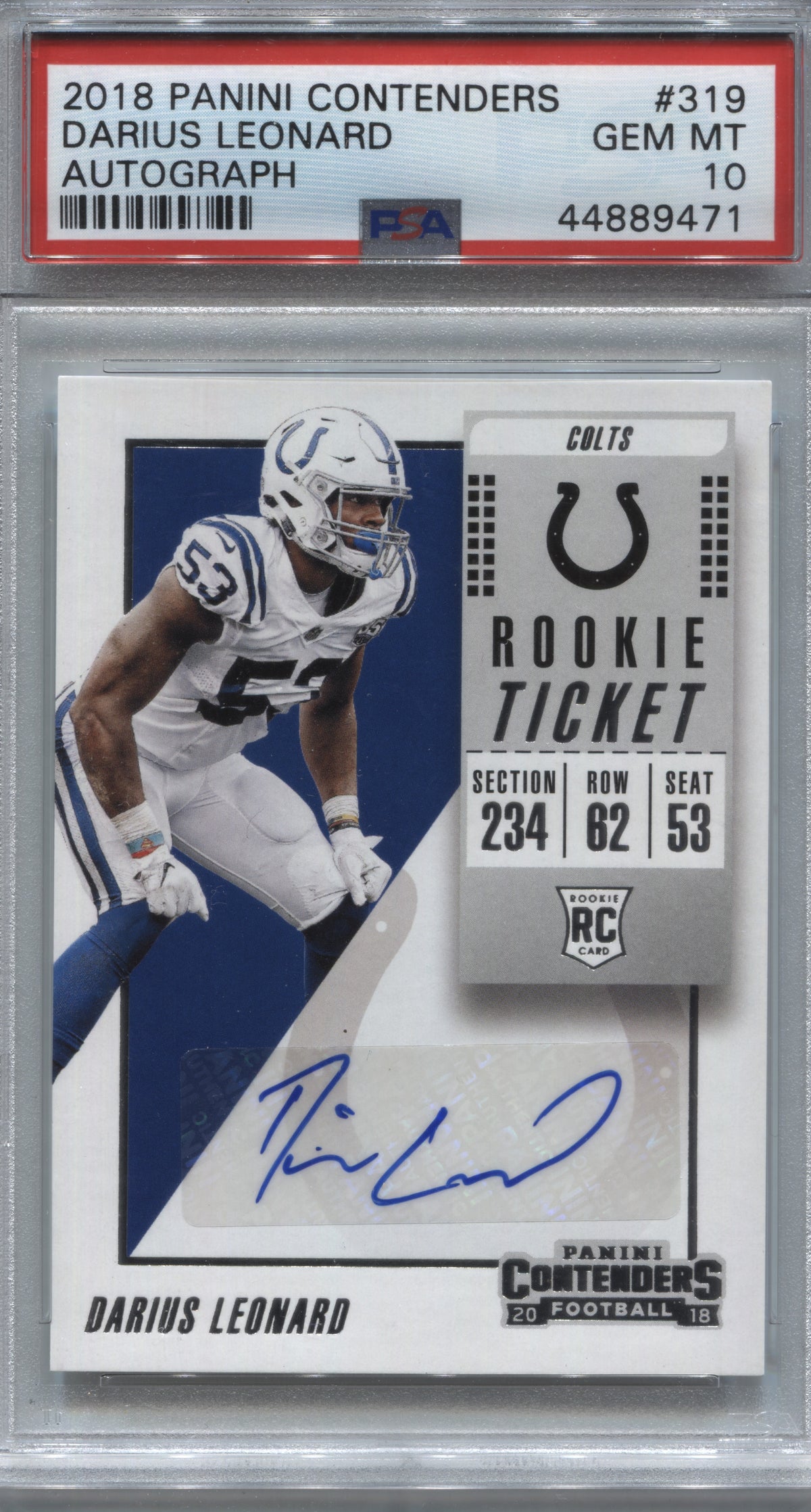 2018 Panini Contenders Darius Leonard Rookie Ticket Auto #319 PSA 10 Colts
