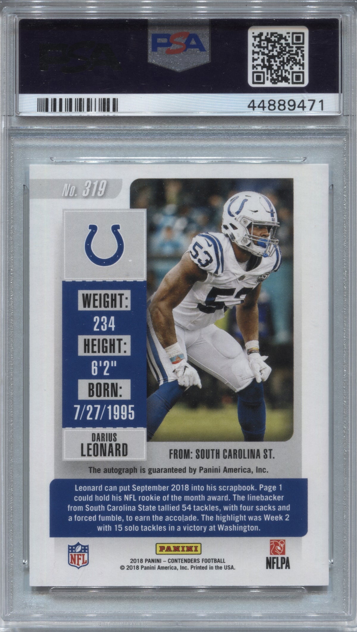 2018 Panini Contenders Darius Leonard Rookie Ticket Auto #319 PSA 10 Colts