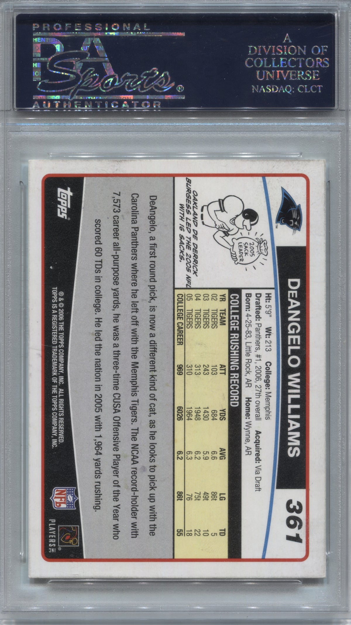 2006 Topps DeAngelo Williams Rookie #361 Signed Auto PSA/DNA Panthers