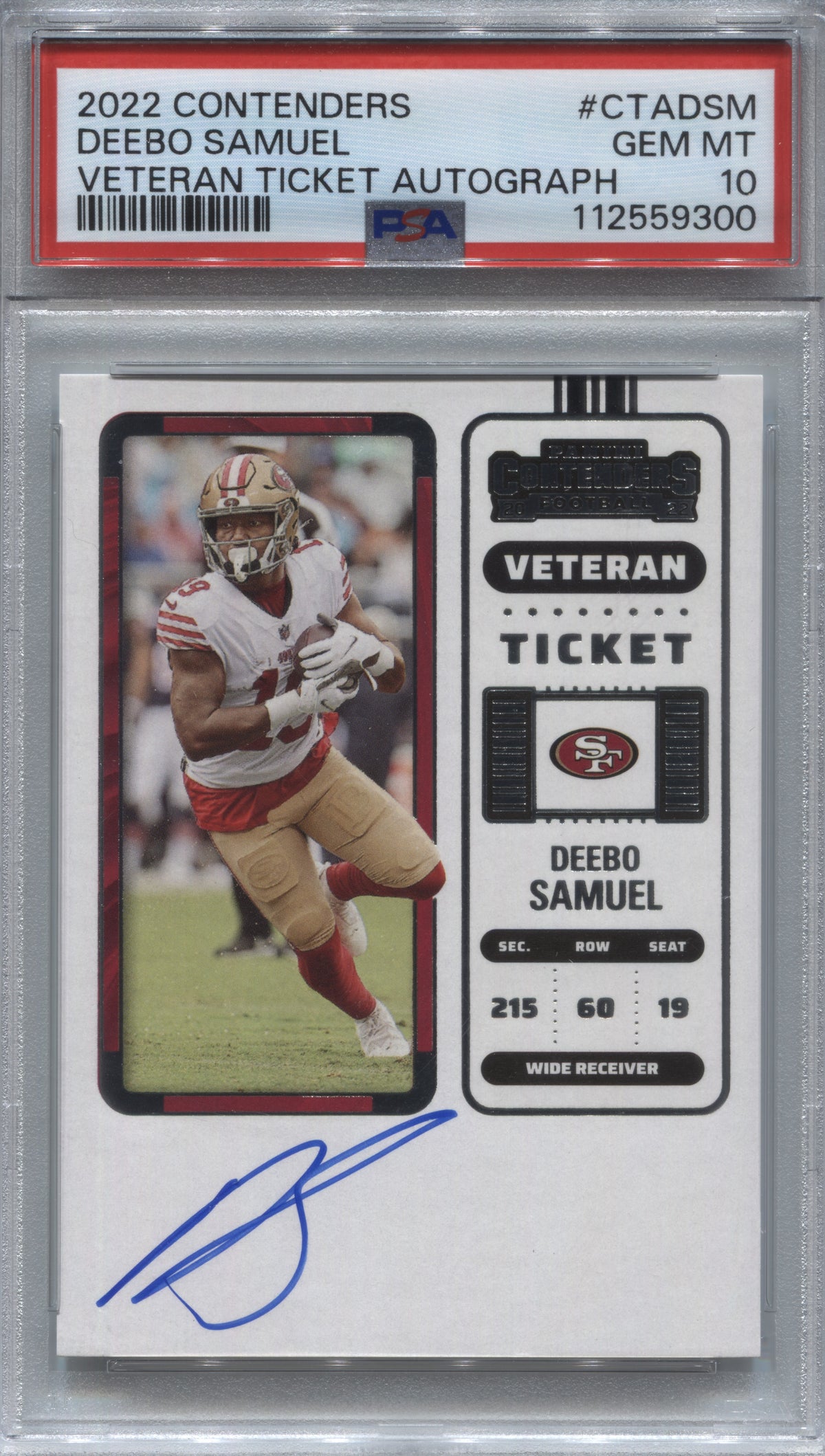 2022 Panini Contenders Deebo Samuel Veteran Ticket Autograph #CTA-DSM PSA 10