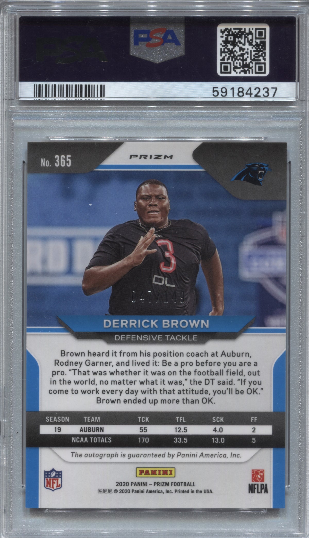 2020 Panini Prizm Derrick Brown Red Wave Rookie Auto /149 PSA 10 #365 Panthers