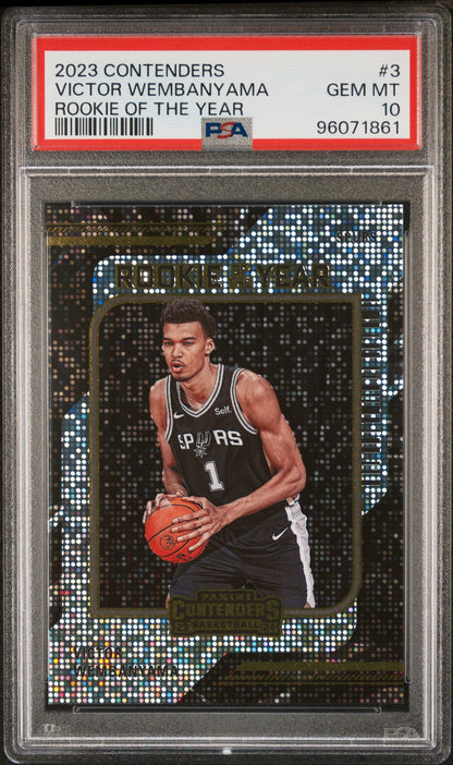 Graded 2023 Panini Contenders Victor Wembanyama #3 Rookie of the Year Rookie RC Basketball Card PSA 10 Gem Mint