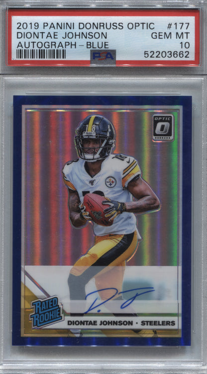 2019 Donruss Optic Diontae Johnson Blue Rated Rookie Auto /75 PSA 10 Steelers