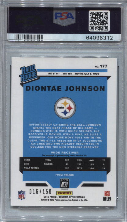 2019 Donruss Optic Diontae Johnson Rated Rookie Auto /150 PSA 10 Steelers