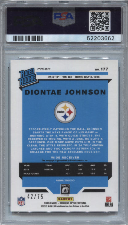 2019 Donruss Optic Diontae Johnson Blue Rated Rookie Auto /75 PSA 10 Steelers