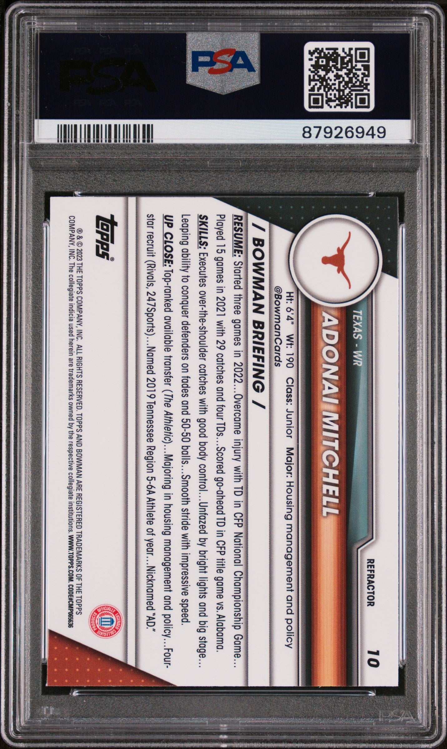 Graded 2023 Topps Bowman U Chrome Adonai Mitchell #10 Refractor Rookie RC Football Card PSA 10 Gem Mint