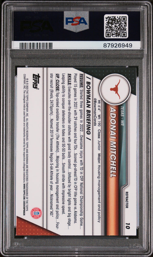 Graded 2023 Topps Bowman U Chrome Adonai Mitchell #10 Refractor Rookie RC Football Card PSA 10 Gem Mint