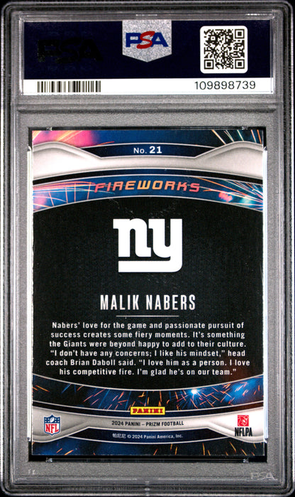 Graded 2024 Panini Prizm Malik Nabers #21 Fireworks Rookie RC Football Card PSA 10 Gem Mint