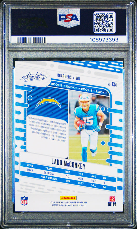 Graded 2024 Panini Absolute Ladd McConkey #134 Red/Blue Rookie RC Football Card PSA 10 Gem Mint