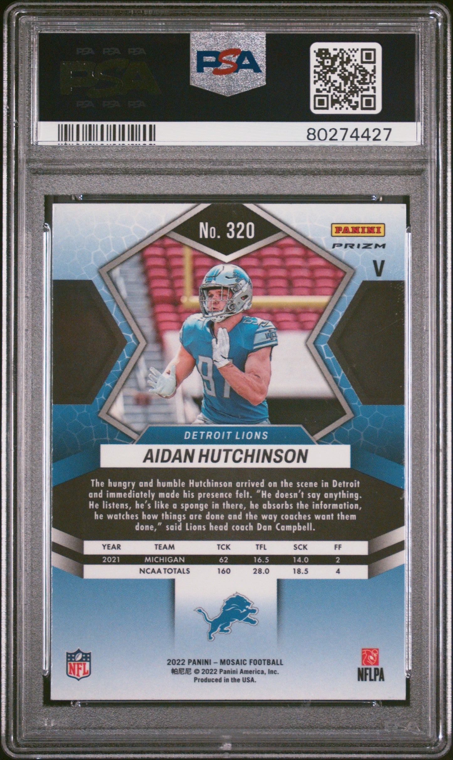 Graded 2022 Panini Mosaic Aidan Hutchinson #320 Variation No Huddle Rookie RC Football Card PSA 10 Gem Mint