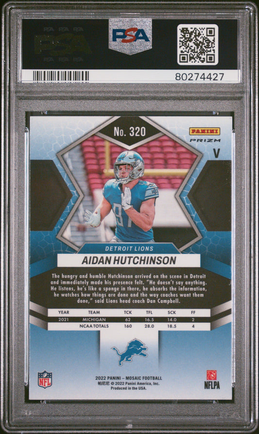 Graded 2022 Panini Mosaic Aidan Hutchinson #320 Variation No Huddle Rookie RC Football Card PSA 10 Gem Mint