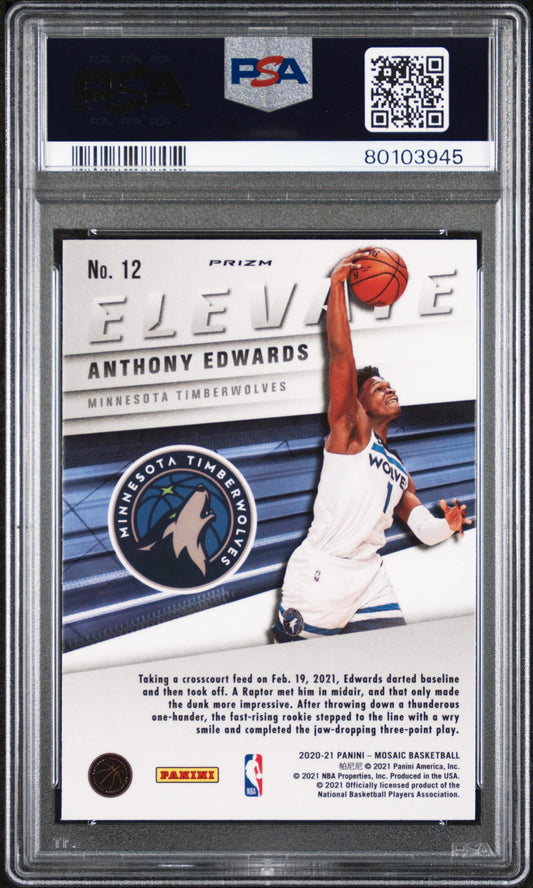 Graded 2020 Panini Mosaic Anthony Edwards #12 Elevate Green Mosaic Rookie RC Basketball Card PSA 10 Gem Mint