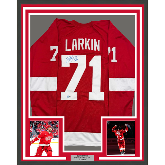 Framed Autographed/Signed Dylan Larkin 35x39 Detroit Red Hockey Jersey Beckett BAS COA