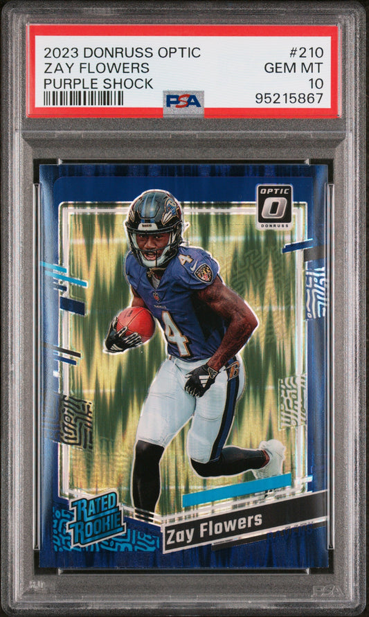 Graded 2023 Panini Donruss Optic Zay Flowers #210 Purple Shock Rookie RC Football Card PSA 10 Gem Mint