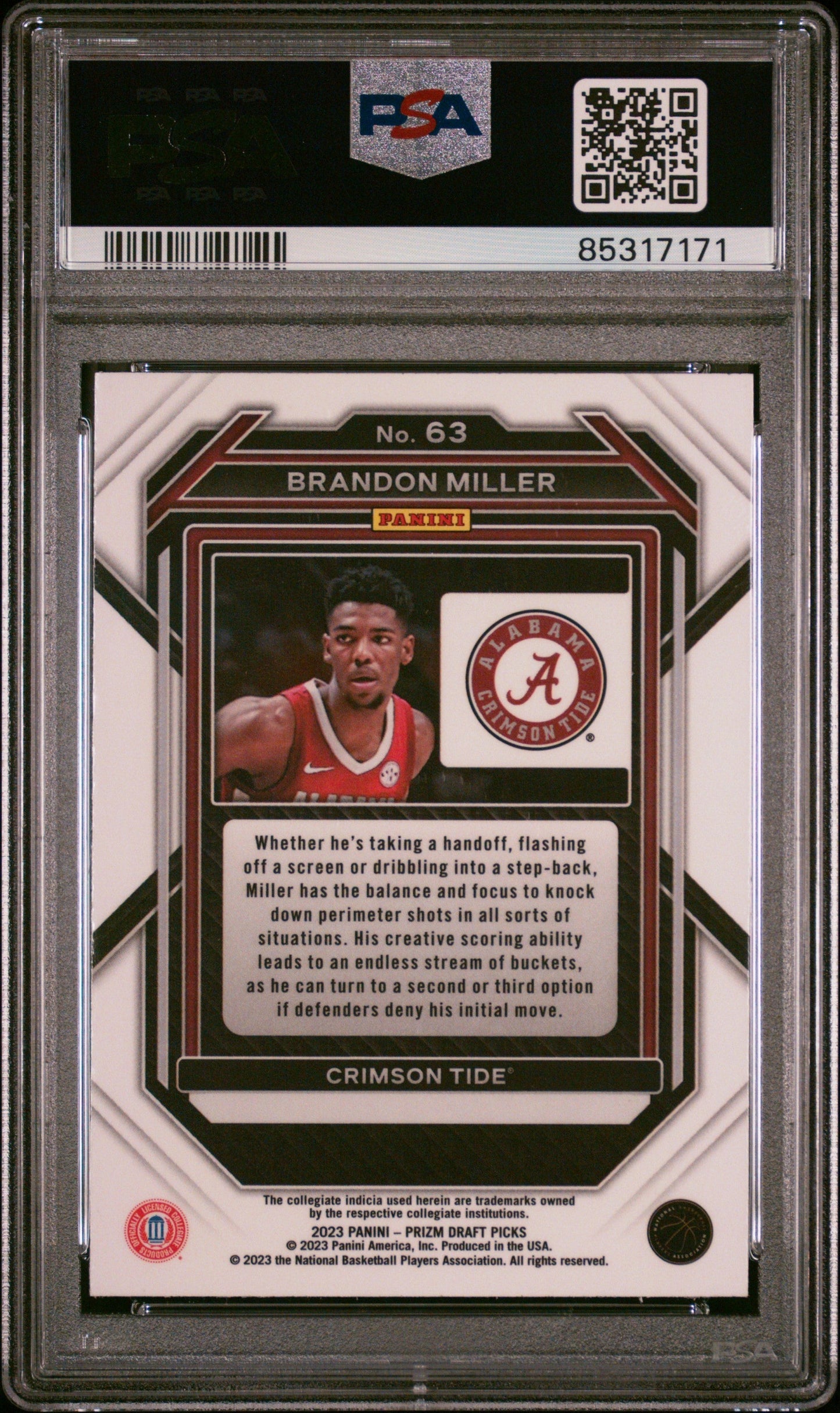 Graded 2023 Panini Prizm Draft Picks Brandon Miller #63 Rookie RC Basketball Card PSA 10 Gem Mint