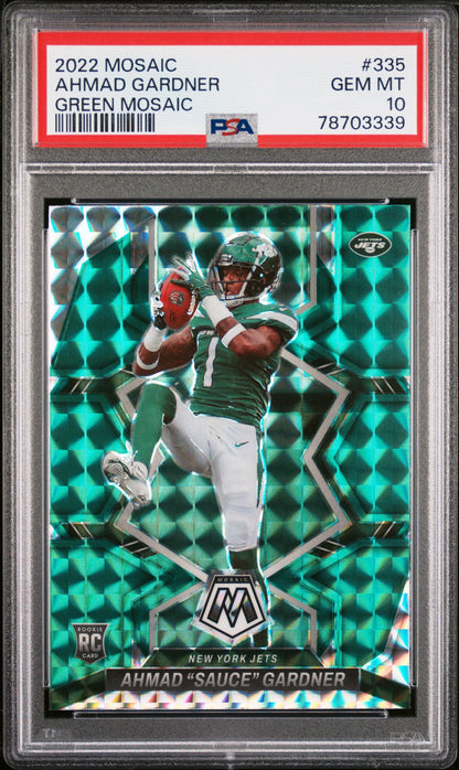 Graded 2022 Panini Mosaic Ahmad Sauce Gardner #335 Green Mosaic Rookie RC Football Card PSA 10 Gem Mint