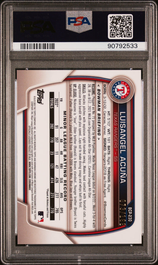 Graded 2023 Topps Bowman Chrome Mega Box Luisangel Acuna #230 Pink #/199 Rookie RC Baseball Card PSA 10 Gem Mint