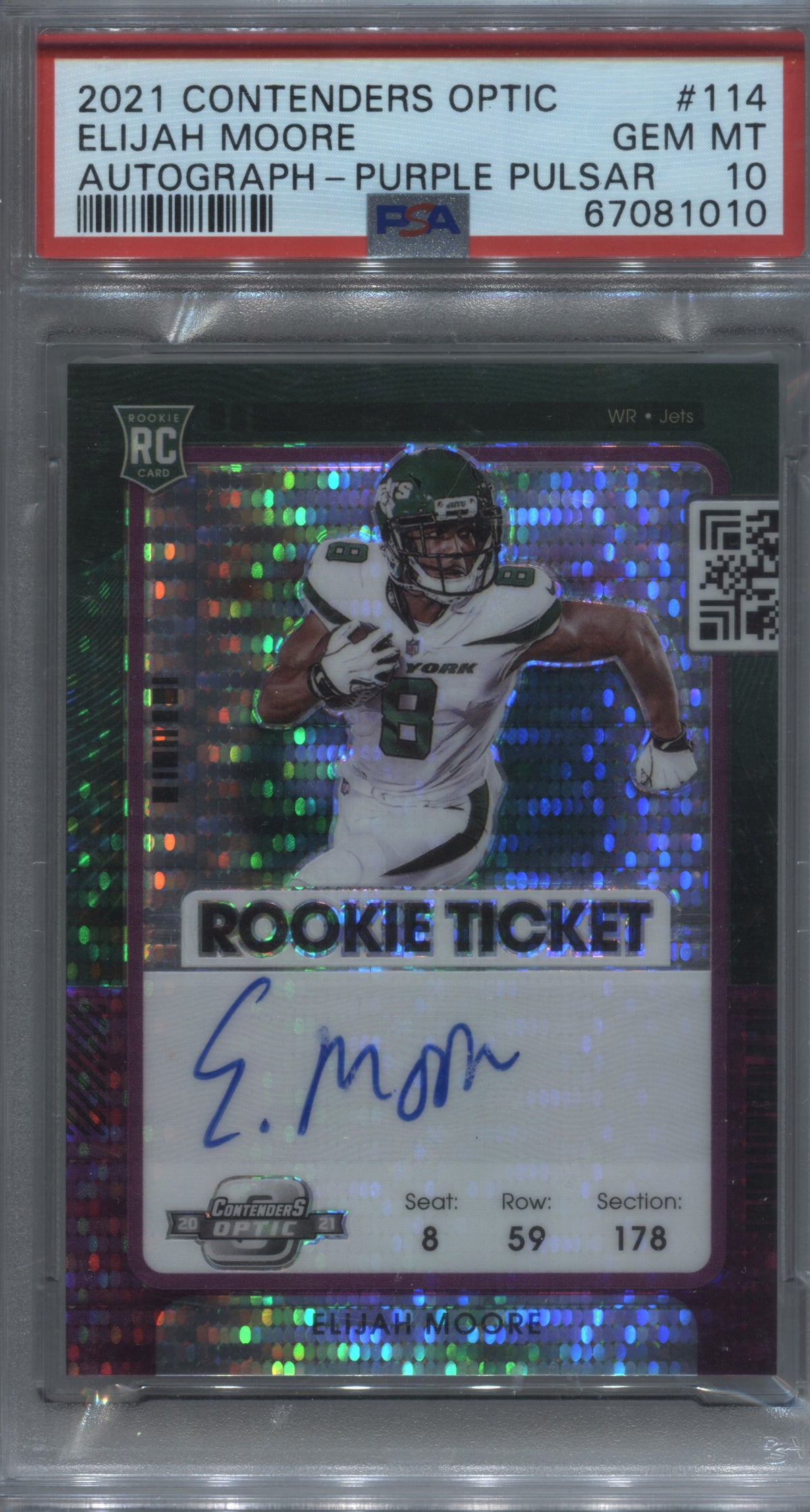 2021 Contenders Optic Elijah Moore Purple Pulsar Auto /21 RC PSA 10 #114