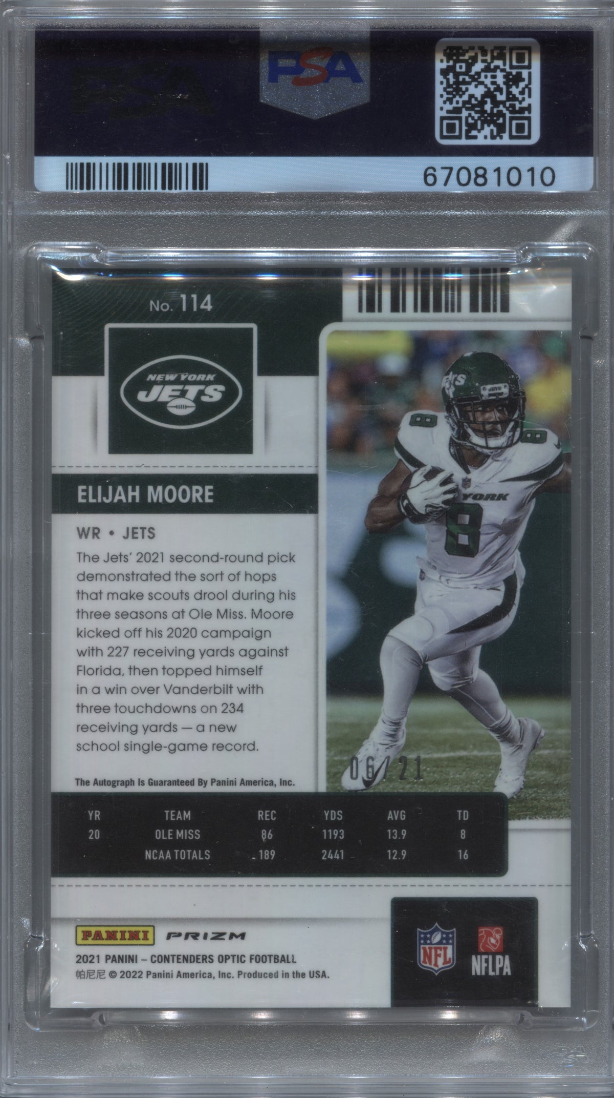 2021 Contenders Optic Elijah Moore Purple Pulsar Auto /21 RC PSA 10 #114