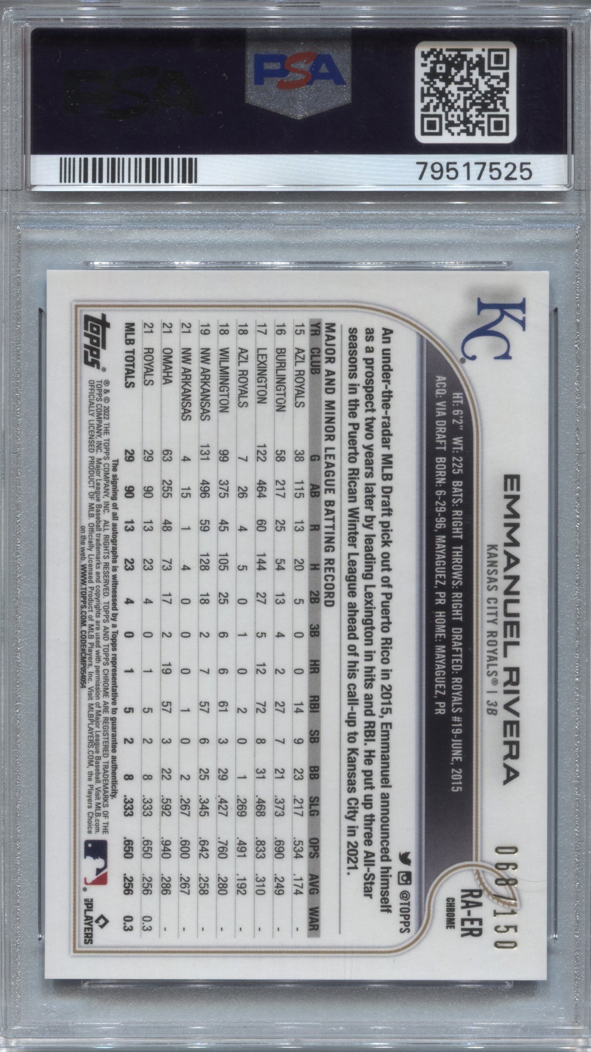 2022 Topps Chrome Emmanuel Rivera Blue Refractor RC Auto /150 PSA 10