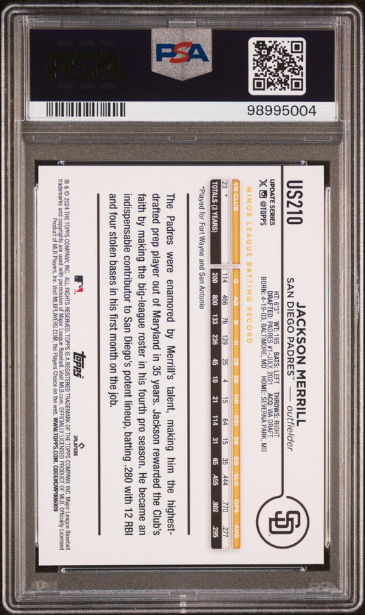Graded 2024 Topps Update Jackson Merrill #US210 Rookie RC Baseball Card PSA 10 Gem Mint